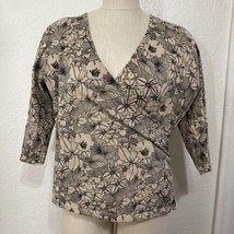 Laura Ashely Shirt USA Size 14 Faux Wrap V-Neck Tan Black Floral Side Ga... - £15.00 GBP