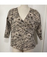 Laura Ashely Shirt USA Size 14 Faux Wrap V-Neck Tan Black Floral Side Ga... - £14.85 GBP