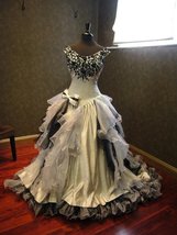 V Neck A-line Satin Wedding Dress Embroidery Black White Bridal Gowns - $259.90