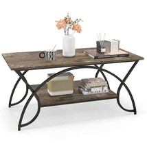 Rustic Farmhouse 2 Tier Brown Wood Coffee Table with Curved Metal Legs - £146.62 GBP