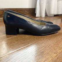 Etienne Aigner Astoria Heels Womens 7.5 Navy Black Leather Square Toe Shoe 2” - £19.39 GBP