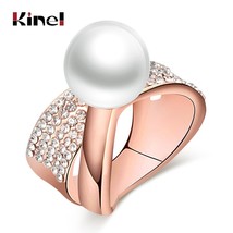 White Pearls Ring For Women Fashion Design Rose Gold Pave Setting Crystal Cockta - $9.05
