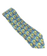 Vintage 90s Ermenegildo Zegna Blue Green Tan Squares 100% Silk Necktie Tie - $24.65
