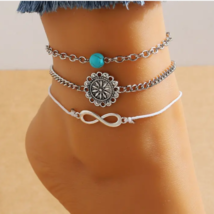 Coachella 3- Piece Anklet Set with Silver Charms and Turquoise Bead Adjustable - £10.55 GBP