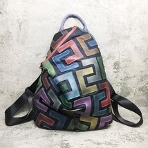 Brushed-off Leather Vintage Backpack Women Retro Chic Patchwork Daily Knapsack F - £94.68 GBP