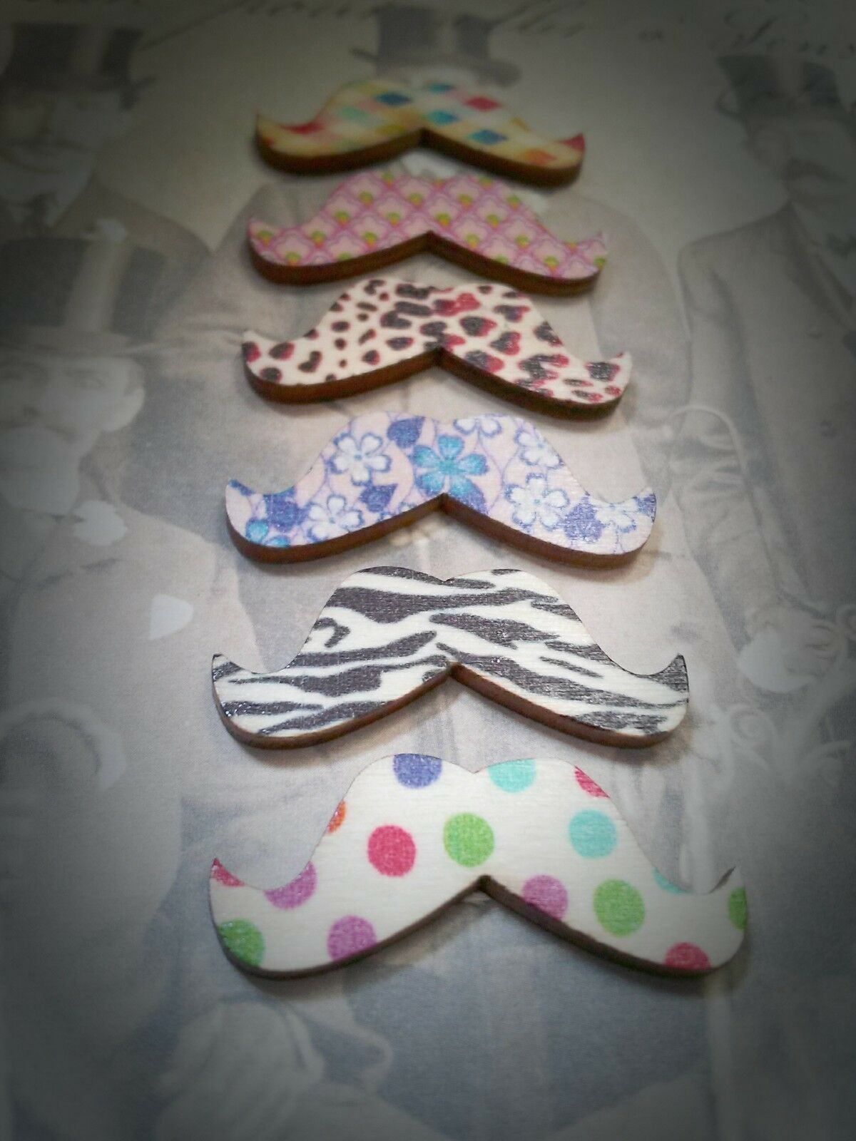 6 Wood Cabochons Flatbacks Mustache Cabochons Embellishments Assorted Lot