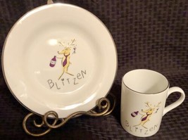 Pottery Barn Reindeer Milk Coffee Mug Salad Cookie Plate Set Blitzen Chr... - £34.16 GBP