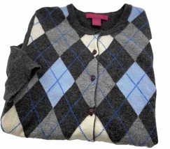 Cashmere Cache Cardigan Womens Large Gray Black Argyle Short Sleeve Knitted - £13.19 GBP