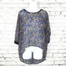 Chloe K Top Womens XS Blue Feather Print Blouse Oversized Sheer High Low Boho - $15.99