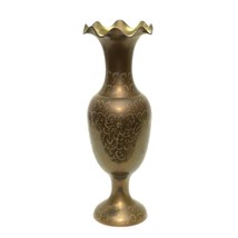 Etched Solid Brass Ruffled Edge Tall Flower Vase13&quot; height Vintage - £23.71 GBP