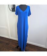 Royal Blue Maxi Dress Medium V-Neck Back Strap Pockets Rayon Spandex Comfy - $26.50