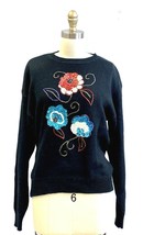 VTG RETRO RUSS 80s Black Sweater w/Sequin Floral Front Womens M Acrylic  - $1,135.88 MXN