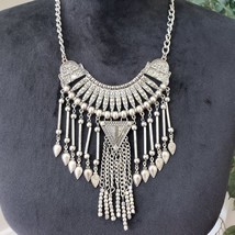 Women African Bohemian Style Antiqued Silver Tone Tassel Statement Bib Necklace - £23.53 GBP