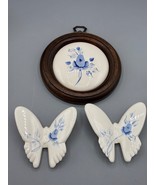 Vtg Homco Hand Painted Blue Floral Ceramic Butterfly Wall Decor Set Cottage - $21.67