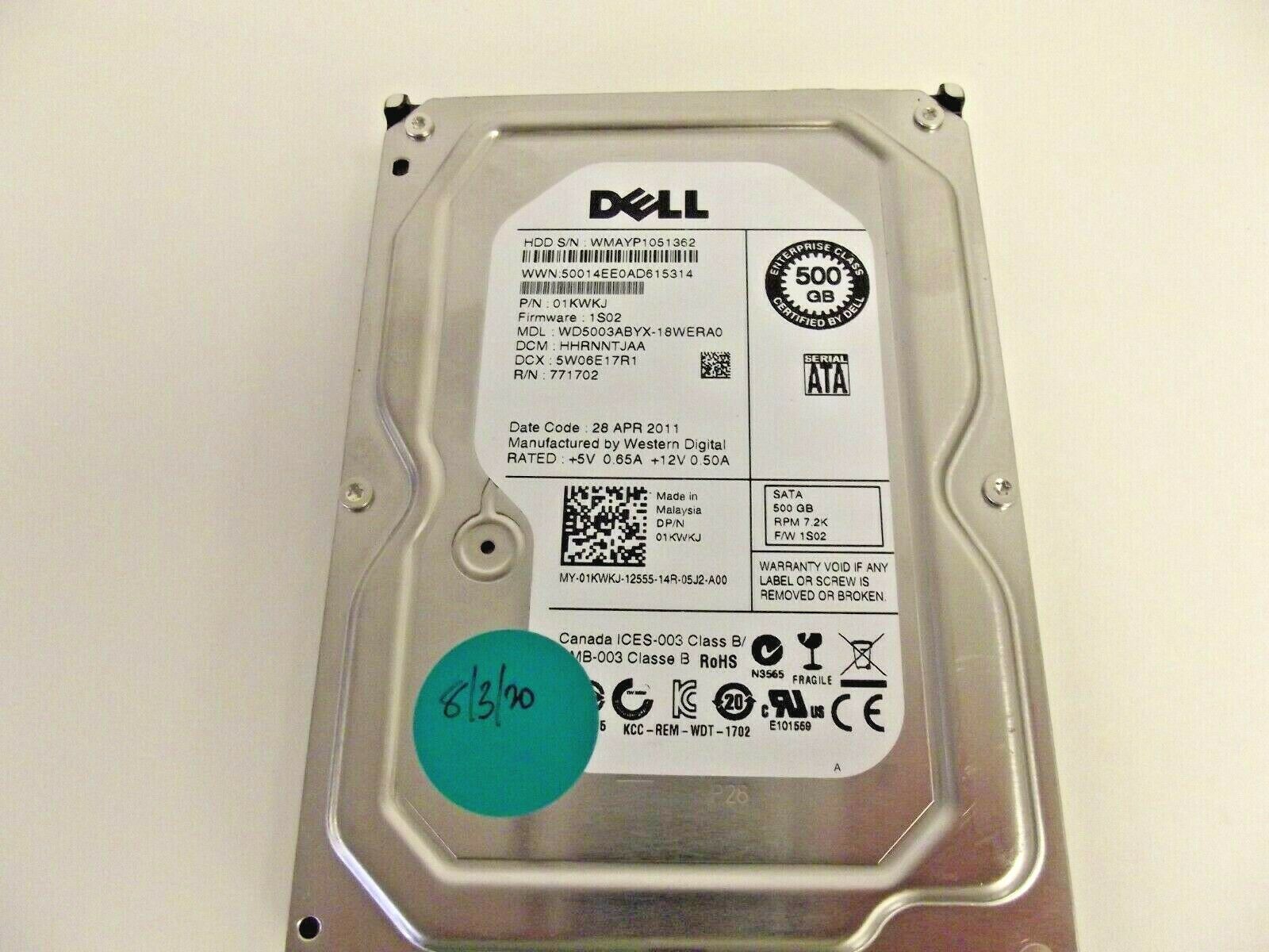 Primary image for Dell 01KWKJ WD5003ABYX-18WERA0 500GB HD 7.2k 3.5" SATA II 69-3