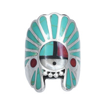 Native American Headdress Green Turquoise and Red Coral Inlay Ring - 13 - £29.11 GBP