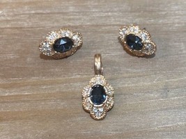 Roman Faux Sapphire Pendant Pierced Earring Set Hinged Pendant Gold Tone - £18.67 GBP