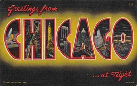 Greetings From Chicago Illinois At Night 1953 Large Letter linen postcard - $6.44