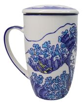 Great Wave Kanagawa 15oz Porcelain Tea Mug With Lid &amp; Stainless Steel In... - $24.99