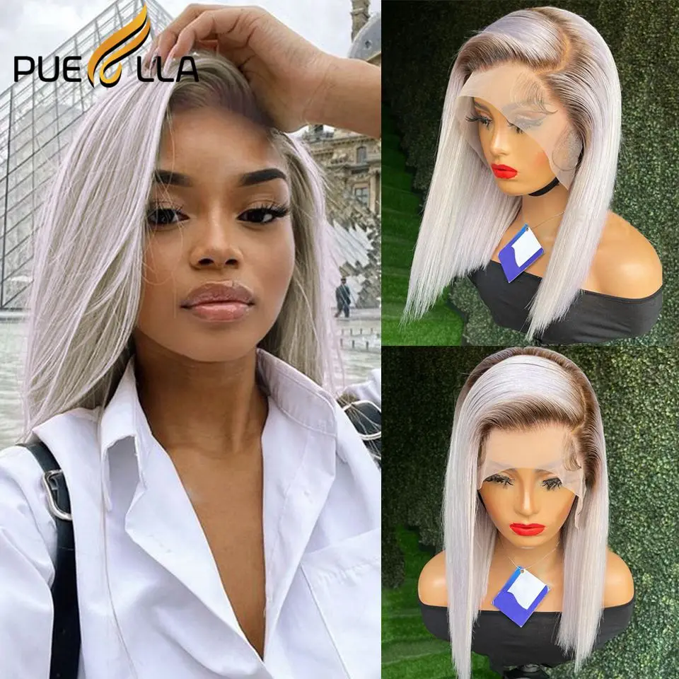 Ombre Ash Blonde Bob Short Lace Front Human Hair Wig Grey Honey Blonde Col - £85.63 GBP+
