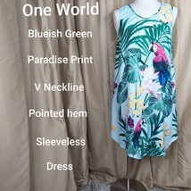 One World Blueish Green Paradise Print V Neckline Pointed Hem Dress Size L - £12.75 GBP