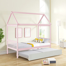 Solid Wood Twin House Bed Frame with Twin Size Trundle For Warm Pink - $277.41
