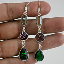 925 Sterling Silver Emerald Quartz &amp; Amethyst Gemstone Handmade Earrings BES1486 - £25.32 GBP