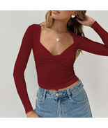 Y2K Streetwear Customize Women Tops Fashionable Burgundy Long Sleeve Fro... - $10.34