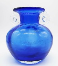 Lovely vintage blue art glass vase with clear ear handles by Gorgeous Cr... - $25.00