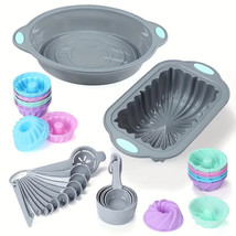 43 Piece Silicone Baking Pan Set, Hard Frame Molds, Measuring Spoons, Cu... - £12.47 GBP