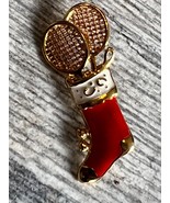 Christmas Stocking Vintage Brooch Pin Tennis Pickleball rackets Ball 1.7... - $24.69 CAD