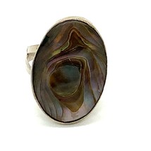 Vtg Sterling Silver Signed 925 VVB Mexico Oval Abalone Shell Cabochon Ring 7 1/2 - £35.48 GBP