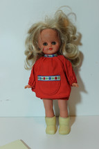 Vtg 9&quot; Mattel? Plastic Rubber doll Blonde Hair brown eyes open n close w cloths - £15.78 GBP