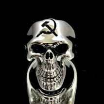 Sterling silver Skull ring Hammer and Sickle Communist symbol on Grinning Skull  - £94.14 GBP