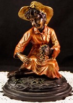 Bronze Girl on Stump in Hat Holding Grapes Multi Colored Cold Painted Finish - £103.11 GBP