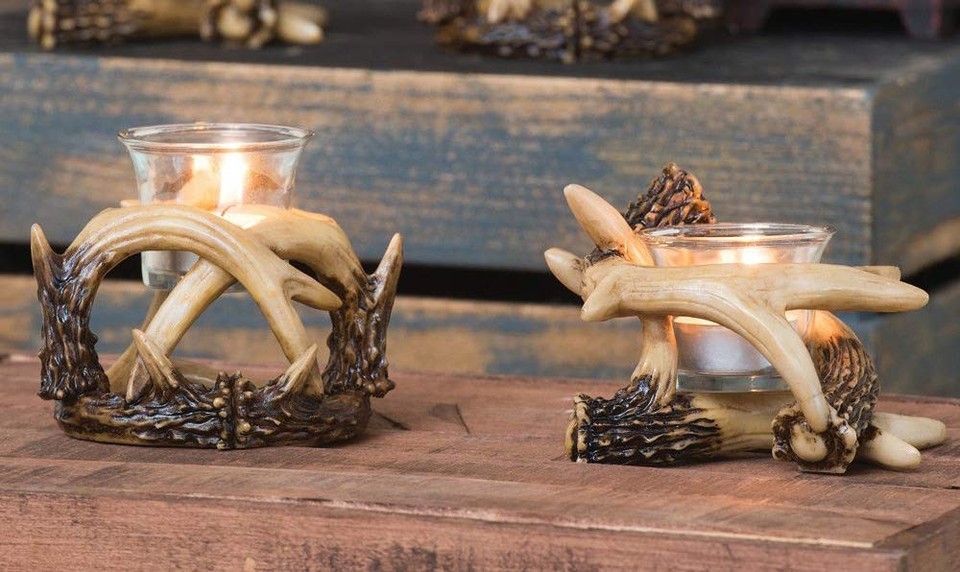 Set Of 2 Wildlife Rustic Buck Deer Stag Entwined Antlers Votive Candle H... - $28.99