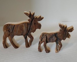 Moose 2 Set Pair Duo Wood Bark Handcrafted Figurines Made in Poland Handmade - £25.54 GBP