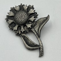 Vintage Metzke Pewter Sunflower Flower Brooch 2.25&quot; Signed Fall Summer S... - $12.99