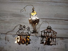 Lot of 3 Vintage Die Cut Gold Tone Pop Up Metal Christmas Ornaments Elf Workshop - £7.34 GBP