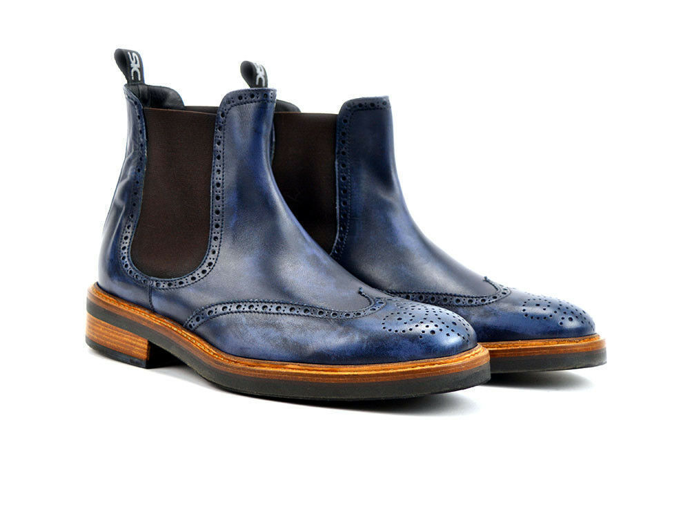 New Handmade Men's Blue patina Ankle High Boots for men custom leather shoe 2019