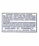 Vintage Pharmacy Label SYRUP COCILLANA COMPOUND Garland Street Pharmacy ... - $37.27 CAD