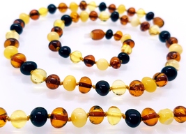 Multicolor Baltic Amber Necklace / Round Baroque Beads - $39.00