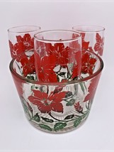 VINTAGE HAZEL ATLAS SWANKY Ice Bucket with 3 Glasses RED FLOWERS Hibiscus - £29.85 GBP