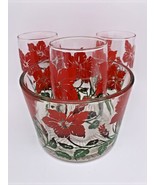 VINTAGE HAZEL ATLAS SWANKY Ice Bucket with 3 Glasses RED FLOWERS Hibiscus - £30.40 GBP