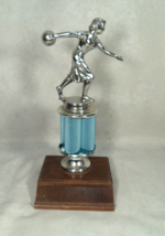 Vintage 1970s Womens Bowling Trophy Silver and Blue Brown Wood Base - $331.23 MXN