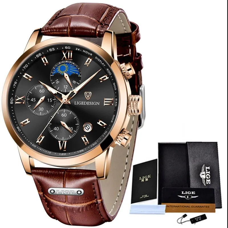 Casual Men Watch Luxury Leather Waterproof Sport Quartz Wristwatch Chron... - £55.63 GBP