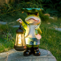 Solar Frog Statues Outdoor Garden Decor with LED Lantern for Patio Yard ... - $45.74