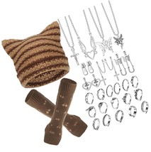 22 Pcs Y2k Grunge Knitted Cat Beanie with Fairy Grunge Rings - £38.18 GBP