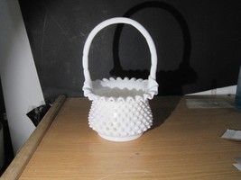 Vintage Fenton Hobnail Milk Glass Basket With Handle And Ruffled Edge 10&quot; - £27.69 GBP