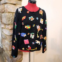 Michael Simon women sz MEDIUM Cardigan Sweater Christmas Holiday Dog Embellished - £68.95 GBP
